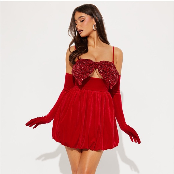 Clara Velvet Bubble Dress Set - Red NWT Fashion Nova - Picture 2 of 6